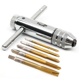 T-Handle Ratchet Tap Holder Wrench,Adjustable HSS T-Shaped/T Type One-Hand Tap and Die Set Tapping Threading Tool with 5 Pack Hand Thread Screw Tap M3-M8 3mm-8mm