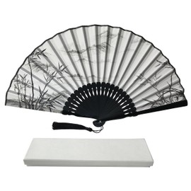 FANSOF.FANS Ink Art Handheld Folding Fan with a Handcrafted Box Fabric Pouch for Women Girls Black and White with Silver Touch Up Durable Folding Fabric Hand Fan (Mountains Scenery)