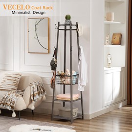 VECELO Coat Rack Freestanding,Hall Tree with Metal Basket and Storage Shelves,Industrial Coat Rack Stand with 8 Hooks for Hanging Coats/Hats/Bags/Umbrellas,18 x 18 x 72 In,Antique Brown