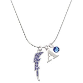 Delight Jewelry Silvertone Large Blue Crystal Lightning Bolt - Silvertone Capital Initial Charm Necklace with Crystal Drop, 18"