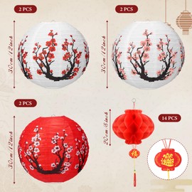 Fumete 20 Pcs 12" Chinese Japanese Paper Lantern and 8" Chinese Red Paper Lanterns, Cherry Blossom Decorative Hanging Lanterns for Chinese New Year Home Restaurant Wedding (Multicolor)