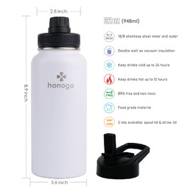 honogo 32 oz Powder Coated Double Wall Vacuum Insulated Sports Water Bottle, 18/8 Stainless Steel Wide Mouth Thermal Flask with Straw Lid & Spout Lid, Leak Proof, Sweat Free, BPA Free (White, 32 oz)