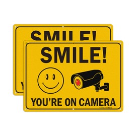 GicnKeuz Large Smile You're On Camera Signs, 14x10 Inches Rust Free.40 Reflective Aluminum Video Surveillance Signs Outdoor, Fade Resistant/Waterproof, 6 Pre-drilled Holes (2 Pack)