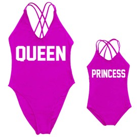 Mommy and Me Matching Family Swimsuit QUEEN & PRINCESS One Piece Mother Daughter Girls Swimwear Cross Back Bathing suits Purple