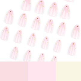 Spring Flower Press on Nails Medium Almond ZWENJIE Fake Nails Nude Pink False Nails Glossy Full Cover Stick on Nails Acrylic Cute Artificial Nails for Women Glue on Nails 24 Pcs