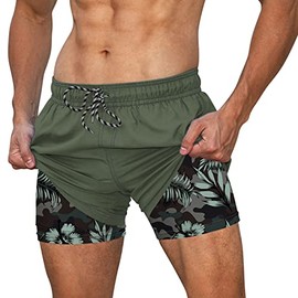 Cozople Men's Compression Swim Trunks Quick Dry Inner Pattern Print Bathing Suits 5.5" Board Boxer Brief Lined Board Shorts with Inner Pocket for Summer Beach Army Green Size XLarge