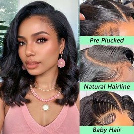 Aolisox 12 Inch Bob Wig Human Hair 13x6 Body Wave Lace Front Wigs Human Hair Pre Plucked 200 Density HD Lace Frontal Wigs Human Hair for Women Glueless Wigs Human Hair with Baby Hair Natural Black
