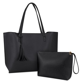 NUBILY Handbags Women's Shopper Women's Large Leather Shoulder Bag Handbag 2 Pieces Set Simple Tote Bag Shoulder Bag Tassel for School Business Travel, black, Shopper