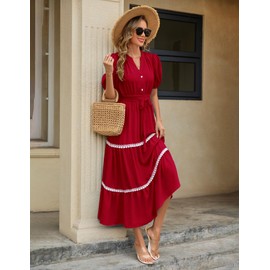 Dressystar Women's Puff Sleeve Boho Maxi Dress V Neck Tiered Summer Wedding Guest Beach Vacation Dresses 2025 Red L