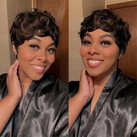 HOTKIS Pixie Cut Wig Human Hair for Black Women - Brazilian Remy Human Hair Short Brown Curly Glueless Wigs with Bangs, Natural Hair Tangle Free, Lightweight Cap & Everyday Wear (4# color)