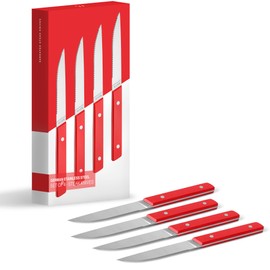 Misen Steak Knives Set of 4 - Precision Serrated Blades for Effortless Dining - German Stainless Steel - Superior Cuts with Four Steak Knives - Comfortable, Sleek Handles - Red
