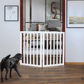 ZJSF Freestanding Indoor Dog Gate for House Foldable Wood White Puppy Gate for Doorways Pet Gate for Stairs Extra Wide Pet Fence 32" Height 2 Panels