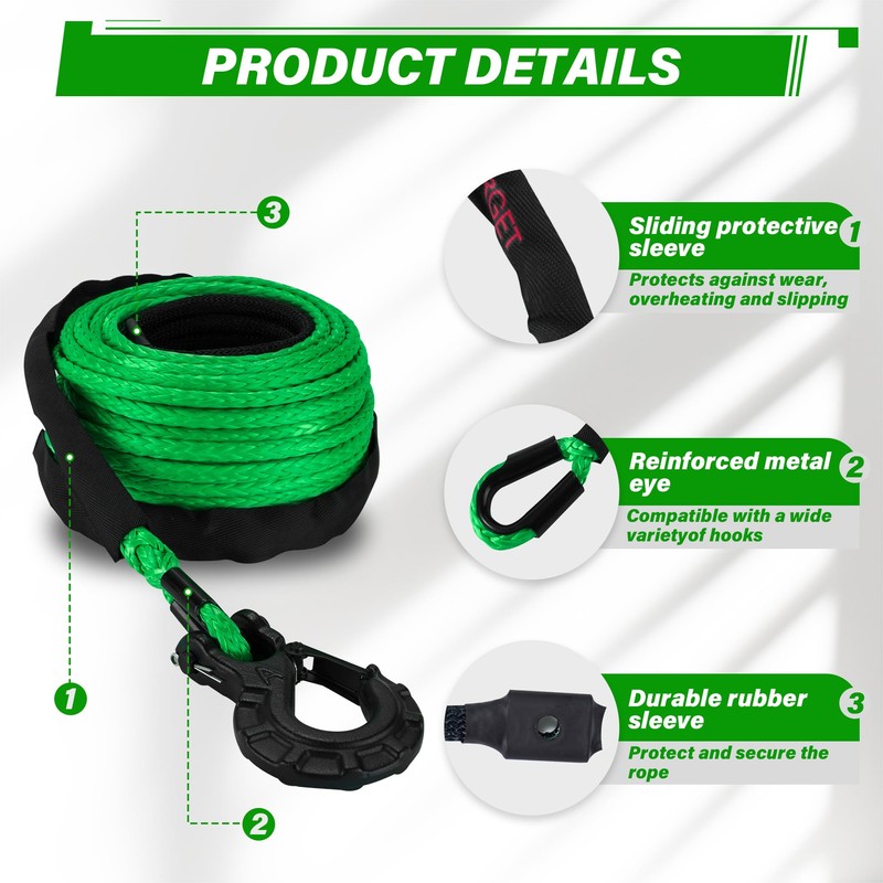 TYT Synthetic Winch Rope 3/8" X 92' with Hook, 27000LBS