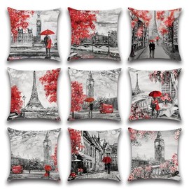 Ohok Set of 9 Decorative Cushion Covers with Motif, 45 x 45 cm, Polyester Linen Decorative Cushion Covers, Modern Decorative Cushion, Sofa Cushion Cover Set for Living Room, Bedroom, Sofa, Couch