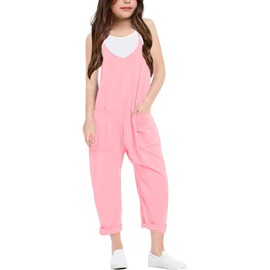 LNKQA Girl's Casual Sleeveless Jumpsuits Spaghetti Straps Harem Long Overalls With Pockets (Pink,11-12 Years)