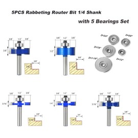 SICWOOD 5PCS Rabbeting Router Bit Set 1/4 Inch Shank, 1-1/4" Cut Dia, Rabbet Router Bit with 5 Bearings Set(Dia 1/2", 5/8", 3/4", 7/8", 1-1/8" ), for Cutting Rabbet Slots