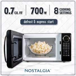 Nostalgia Retro Microwave Oven - 0.7 Cu Ft, 700-Watt Countertop Size with Glass Turntable, Child Safety Lock, 8 Auto-Cook Programs, Digital Clock - Black