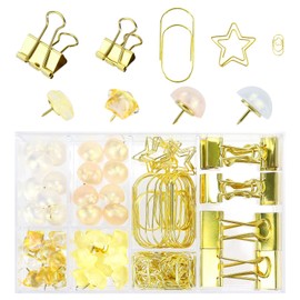 Koqye 118 PCS Paper Binder Clips Set - Large, Small Paper Clips, Binder Clamps & Push Pins for Office, School Supplies Desk Organizer Essentials (Gold)