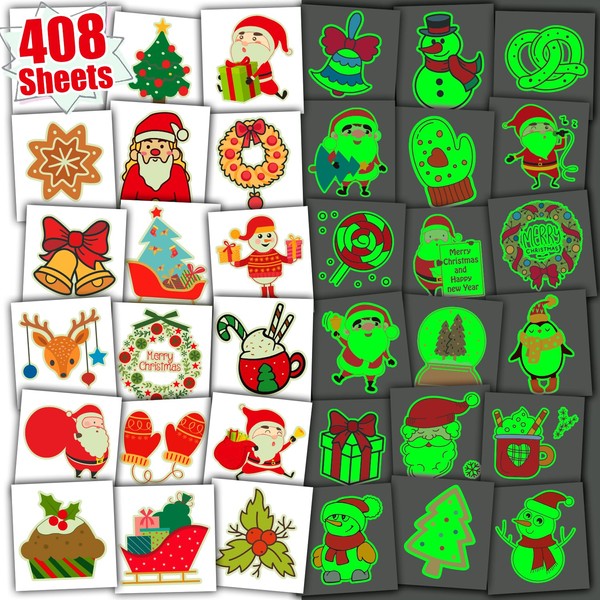 Leesgel Christmas Tattoos for Children, 408 Sheets Advent Calendar Fill Temporary Tattoos Stickers for Christmas Decorations, Pinata Party Gadgets Birthday Kids Christmas Gadgets
