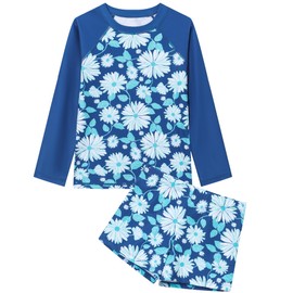 Ewbob 2 Piece Girls Rash Guard Set Long Sleeves Swimsuit Quick Dry Swimwear Beach Shorts Summer Bathing Suits for 3-14 Years,C4-004,Navy,5-6Y