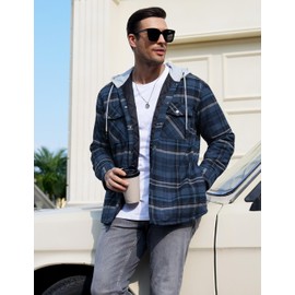 TACVASEN Men's Flannel Shirt Jacket - Warm Sherpa Lined Fleece Plaid Button Down With Hood - Casual