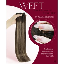 Moresoo Weft Hair Extensions Remy Human Hair Long 24 Inch for Women Real Hair Sew in Hair Extensions Balayage Dark Brown with Caramel Blonde Natural Reflection Add Volume 100g/Pack #4/27/4