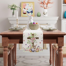 BOTB LIHM Easter Watercolor Cross Bunny Colorful Eggs Flowers Leaves Rabbits Cloth Table Runner Burlap Table Decoration for Spring Home Kitchen Dining Dinner Indoor Holiday Farmhouse Decor 13x60 Inch