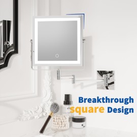 Ruacq Rechargeable Wall Mounted Makeup Mirror with Lights, Double Sided 1X/10X Magnifying Vanity Mirror with 3 Color Lighting, Touch Screen Dimmable, 360° Rotation Extension Foldable Arm(Chrome)