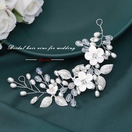HEREAD Flower Bride Wedding Hair Vine Silver Leaf Bridal Headpiece Pearl Prom Hair Accessories for Women and Girls