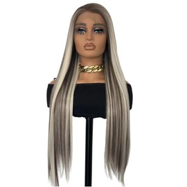 Greenmirr Highlighted Brown Platinum Blonde Lace Front Wig, 13 x 4 Lace Long Straight Heated Synthetic Wig for Women, Daily Cosplay, 61 cm
