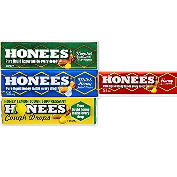 Honees Honey Drops 4 Flavor Variety Bundle (Pack of 16) 4 of each: Milk & Honey, Honey Menthol, Honey Lemon, Honey Filled