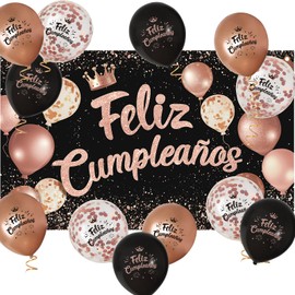 COLOFALLA Birthday Banner Pink Gold 180 x 110 cm with 12 Balloons Happy Birthday in Spanish Birthday Decoration for Women