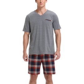 Vlazom Men's Pyjamas Set Short Sleeve Soft Pj's Top and Plaid Shorts for Sleepwear Loungewear with Pockets Blue, XL