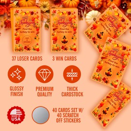 Happy Thanksgiving Scratch Off Game, Find The Turkey Easy to Play Silly Games, Fun Idea, Ice Breaker Activity. Raffle Cards, Set of 40 Cards Made in USA