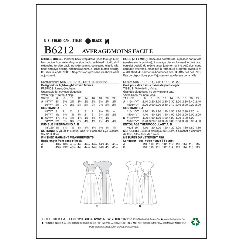 Butterick B6212 Misses' Pullover Back-Wrap Dresses - Size 14-16-18-20-22