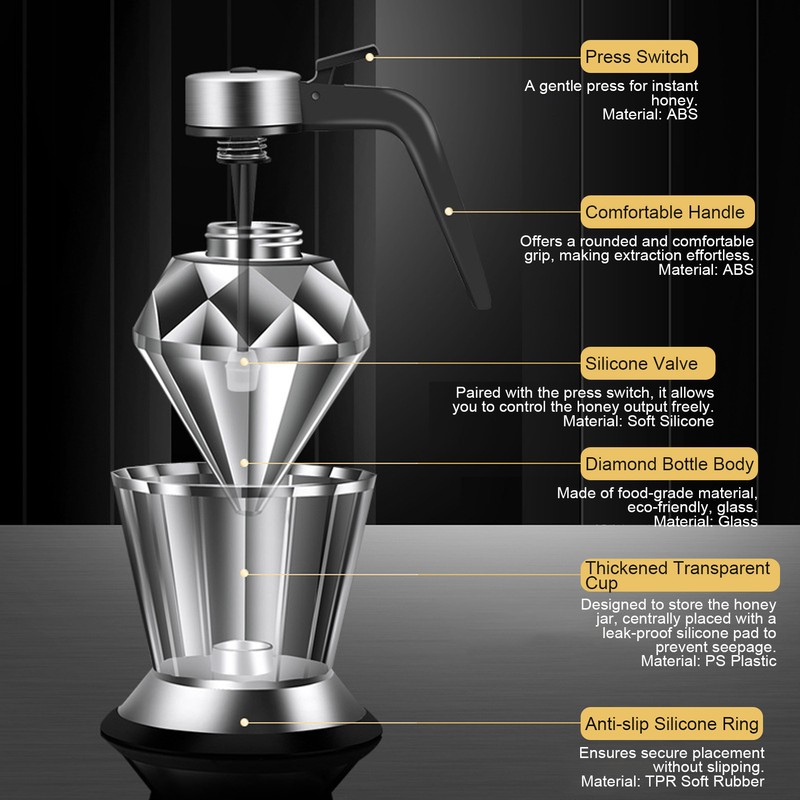 Honey Syrup Dispenser with Stand Multipurpose Honey Jar Clear Glass