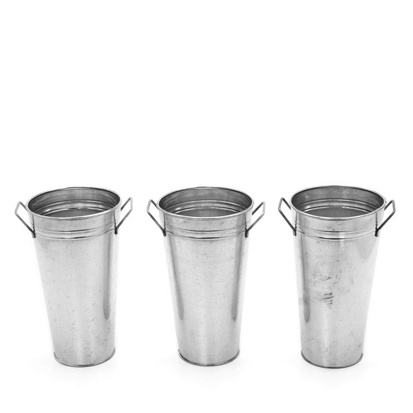 Hosley Set of 3 Galvanized French Bucket Vase with Handles 9 Inches High Ideal for Farmhouse Dried Floral Arrangements at Home for Weddings Gifts Spa and Aromatherapy Settings O5