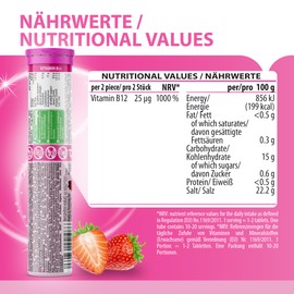 EVÄM B12 Effervescent Tablets Strawberry I Strawberry Flavour I 12 x 20 Pieces I Dietary Supplement with Important Vitamins for Daily Vitamin Needs I Vegan I Sugar Free I Made in Germany