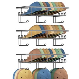 XRMAO 3 Packs Wall Hat Organizers with Multiple Hooks, Metal Hat Racks for Baseball Caps, Hat Storage Holders Up to 108 Caps for Closet, Entryway,Black