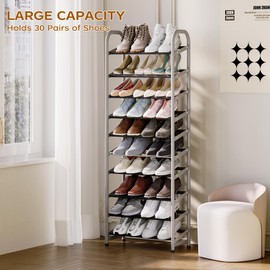 Homeiju 10 Tiers Tall Vertical Shoe Rack, Narrow Shoe Storage Organizer Holds 20-30 Pairs of Shoes,Sturdy Shoe Shelf Storage, Space-Saving Metal Shoe Rack for Entryway,Closet,Bedroom-Silver