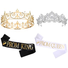 Retrowavy Prom King and Queen Sash Crowns Tiara Set for Birthday Party Adults Cosplay Decor (Multi Colors)