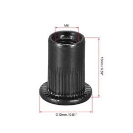 sourcing map M6 Rivet Nuts Carbon Steel Zinc-Plated Knurled Flat Head Threaded Insert Nut Black 20Pcs