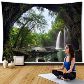 Wycian Tapestry Waterfall, Wall Hanging Cave Tapestry Nature Tapestry Jungle Tapestry Landscape Forest Wall Towel Small Forest Microfibre 150 x 130 cm