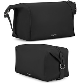 KAZAY Travel Toiletry Bag, Smart Design with Side Clips for Adjustable Sizing, Water Resistant, Premium Nylon, Cosmetic Bag, Full-Size Bottles, Travel Size Toiletries, Makeup Bag, Unisex (Black)