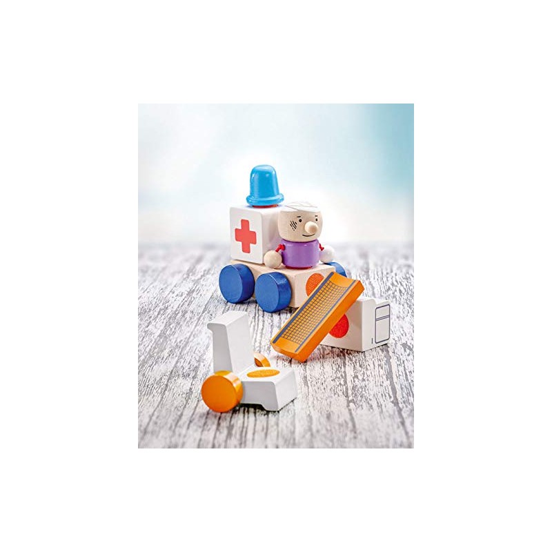 Selecta 62081 Wooden Ambulance Aviator Velcro Stacking Toy 7 Pieces