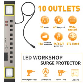 ZESEN 10-Outlet Power Strip with LED Worklight Surge Protector 4ft Cord with Dual Smart USB, Workshop/Garage/Office/Home, ETL Listed