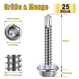 Pack of 25 Stainless Steel Self Tapping Screws 4.8 x 32 mm Hexagonal Drilling Screws Trapezoidal Sheet Metal Screws with Sealing Disc and Hex Socket Wrench