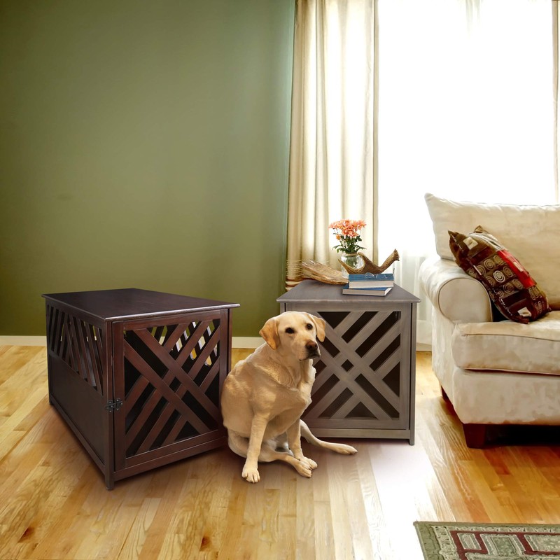 Casual Home Wooden Lattice Pet Crate, End Table, Espresso