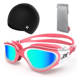 ZIONOR Polarised Swimming Goggles + Swimming Cap for Men and Women, UV Protection, Anti-Fog, Adjustable Strap, Comfort Professional Swimming Goggles (YKY-EU-G1S-Light Pink Gold + C5-Black)