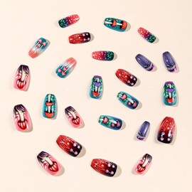 Medium Press on Nails Ballet Shaped Fake Nails with Cute Mushroom Designs Colorful Glossy False Nails Acrylic Full Cover Stick on Nails Artificial Glue on Nails for Women 24Pcs